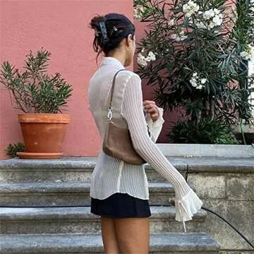 Women Sheer Button Up Blouse Chic Flare Sleeve Top