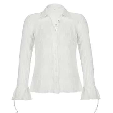 Women Sheer Button Up Blouse Chic Flare Sleeve Top
