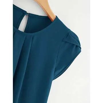Milumia Womens Casual Round Neck Basic Pleated Top Shirt Curved Keyhole Back Blouse (Blue, Large, Cap Sleeve)