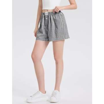 LOMON Womens Boxer Shorts Casual Summer Cotton Pajama Lounge Sleep Pj Gingham Plaid Shorts Y2K Beach Bottoms (Black White Plaid S)
