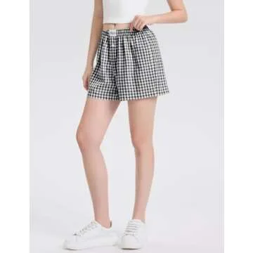 LOMON Womens Boxer Shorts Casual Summer Cotton Pajama Lounge Sleep Pj Gingham Plaid Shorts Y2K Beach Bottoms (Black White Plaid S)