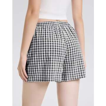 LOMON Womens Boxer Shorts Casual Summer Cotton Pajama Lounge Sleep Pj Gingham Plaid Shorts Y2K Beach Bottoms (Black White Plaid S)