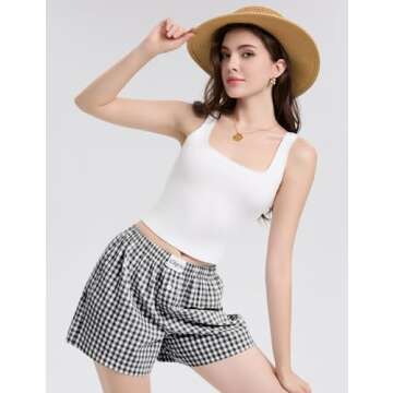 LOMON Womens Boxer Shorts Casual Summer Cotton Pajama Lounge Sleep Pj Gingham Plaid Shorts Y2K Beach Bottoms (Black White Plaid S)