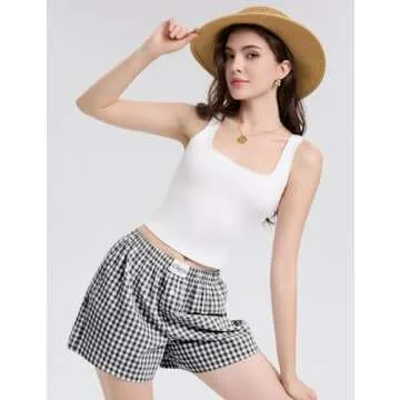 LOMON Womens Boxer Shorts Casual Summer Cotton Pajama Lounge Sleep Pj Gingham Plaid Shorts Y2K Beach Bottoms (Black White Plaid S)