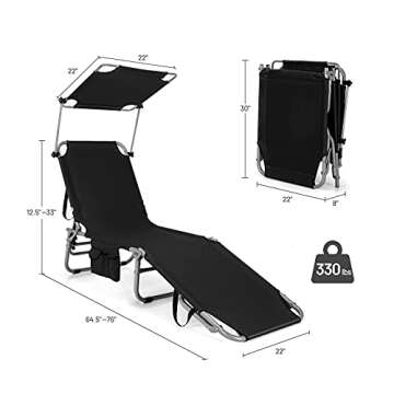 Giantex Outdoor Folding Chaise Lounge, Portable Tanning Chair with 5 Adjustable Positions, 360° Canopy Shade, Side Storage Pocket, Patio Lounge Chair for Beach, Lawn Sunbathing Chair (2, Black)