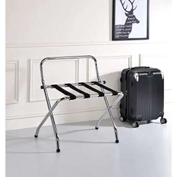 Kings Brand Furniture Chrome & Black Metal Foldable High Back Luggage Rack