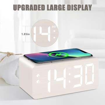 URAYCO Wooden Digital Alarm Clock, 10W Fast Wireless Charger Station & 2 USB Charging Ports, with 0~...