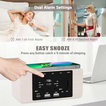 URAYCO Wooden Digital Alarm Clock, 10W Fast Wireless Charger Station & 2 USB Charging Ports, with 0~99% Dimmer, Dual Alarm, Weekday/Weekend Mode, Wood LED Clock for Bedroom, Desk, Office