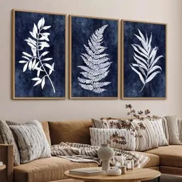 Large Framed Canvas Wall Art - Natural Float Framed Rustic White Leaf Pictures Wall Art Prints for Living Room Decor Indigo Plant Artwork Decorations for Bedroom Kitchen Home Office 72" X 36" Set of 3