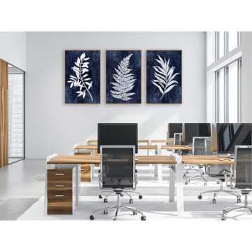 Large Framed Canvas Wall Art - Natural Float Framed Rustic White Leaf Pictures Wall Art Prints for Living Room Decor Indigo Plant Artwork Decorations for Bedroom Kitchen Home Office 72" X 36" Set of 3