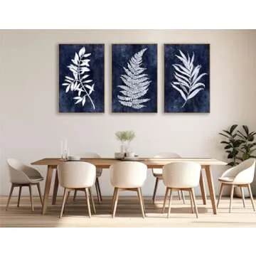 Large Framed Canvas Wall Art - Natural Float Framed Rustic White Leaf Pictures Wall Art Prints for Living Room Decor Indigo Plant Artwork Decorations for Bedroom Kitchen Home Office 72" X 36" Set of 3
