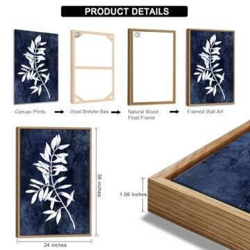 Large Framed Canvas Wall Art - Natural Float Framed Rustic White Leaf Pictures Wall Art Prints for Living Room Decor Indigo Plant Artwork Decorations for Bedroom Kitchen Home Office 72" X 36" Set of 3