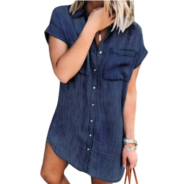 Zilcremo Women Denim Shirt Dress Short Sleeve - Cute Casual Style in Navy