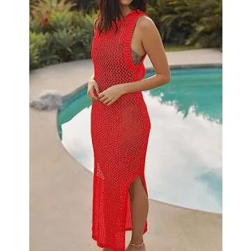 Bsubseach Crochet Cover Ups for Swimwear Women Hollow Out Swimsuit Coverup Backless Bikini Beach Dress Red