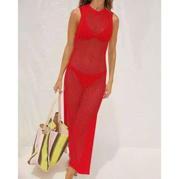 Bsubseach Crochet Cover Ups for Swimwear Women Hollow Out Swimsuit Coverup Backless Bikini Beach Dress Red