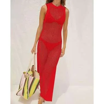 Bsubseach Crochet Cover Ups for Swimwear Women Hollow Out Swimsuit Coverup Backless Bikini Beach Dress Red