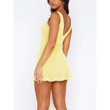 MIYIEONZ Women Sleeveless Sexy V Neck Bodycon Mini Dress Summer Side Slit Mesh Irregular Ruffle Hem ...