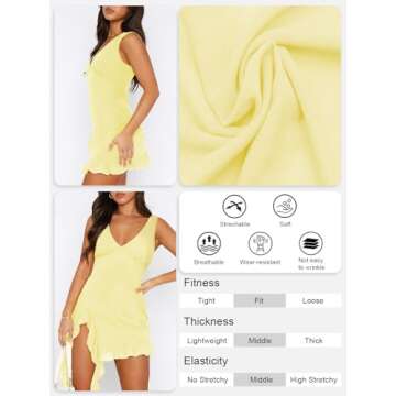 MIYIEONZ Women Sleeveless Sexy V Neck Bodycon Mini Dress Summer Side Slit Mesh Irregular Ruffle Hem Backless Short Dress Yellow