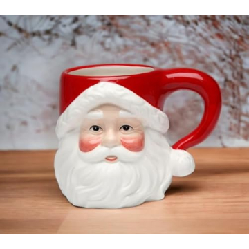 Christmas Ceramic Classic Santa Heads Beverage Drinking Mugs, Red & White, Set of 4, Medium, 5.5" x 3.9" x 4.1"