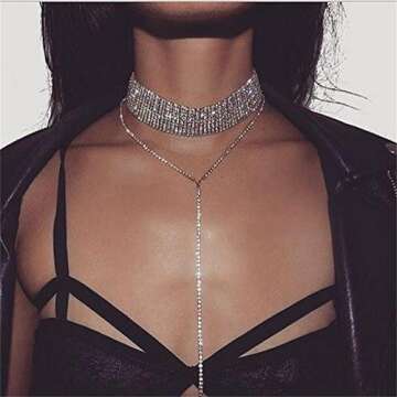 Udobuy Elegant Shiny Rhinestone Choker Chunky Statement Necklaces Long Tassel Chain Chocker Jewelry