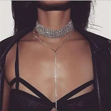Udobuy Elegant Shiny Rhinestone Choker Chunky Statement Necklaces Long Tassel Chain Chocker Jewelry