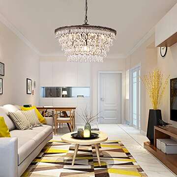 Wellmet Crystal Chandelier, 6-Light 5 Tiers Farmhouse Bronze Ceiling Lighting Fixture, Modern Foyer Dining Room Chandeliers for Bedroom, Hallway, Bar, Kitchen, W20-inch