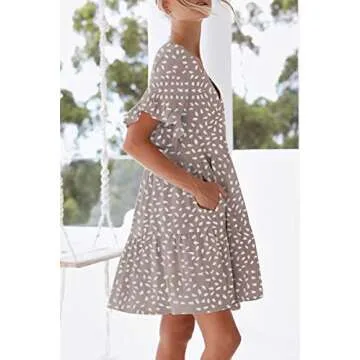 nclook Womens 2025 Summer Casual Dress Sweet Cute V Neck Mini Dress with Pocket Short Sleeve Ruffle Dress Khaki