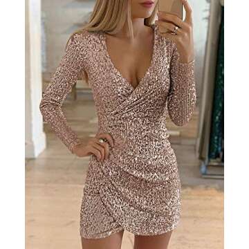 DUBACH Women Fashion V-Neck Surplice Wrap Ruched Sequins Bodycon Dress