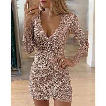 DUBACH Women Fashion V-Neck Surplice Wrap Ruched Sequins Bodycon Dress
