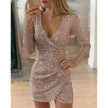DUBACH Women Fashion V-Neck Surplice Wrap Ruched Sequins Bodycon Dress