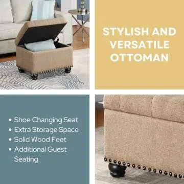 Convenience Concepts Designs4Comfort 5th Avenue Storage Ottoman 24" - Contemporary Foot Stool and Seat with Hinged Lid for Living Room, Dining Room, Office, Den, Tan Fabric