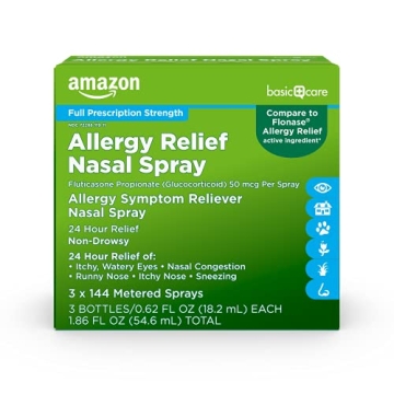 Amazon Basic Care 24-Hour Allergy Relief Nasal Spray, Fluticasone Propionate (Glucocorticoid) 50 mcg...
