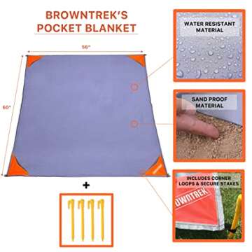 BROWNTREK Pocket Blanket Compact Picnic Blanket (60"x 56") Beach Blanket Water Resistant, Packable B...
