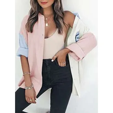 Dokotoo Color Block Long Sleeve Spring Shirt for Women - Casual Fashion Tops Blouses