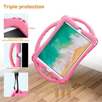 TopEsct Kids Case for iPad 6th/5th Generation, Silicone Shockproof Case for New iPad 2017/2018 9.7 inch with Tempered Glass Screen Protector and Strap, Cover for iPad Air & Air 2