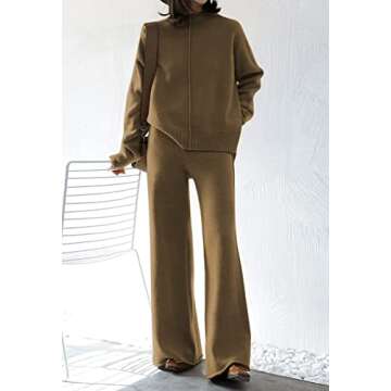 Fixmatti Women's 2 Piece Outfits Sweatsuit Knit Long Sleeve Sweater Wide Leg Pants Loungewear Brown ...