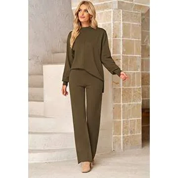Fixmatti Women's 2 Piece Outfits Sweatsuit Knit Long Sleeve Sweater Wide Leg Pants Loungewear Brown S