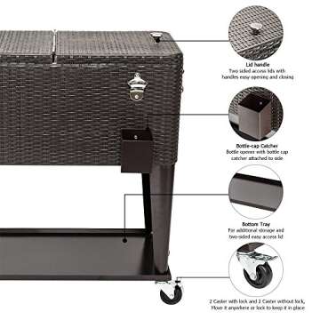 VINGLI 80 Quart Rolling Ice Chest, Portable Patio Party Bar Drink Cooler Cart, with Shelf, Beverage Pool with Bottle Opener (Brown)