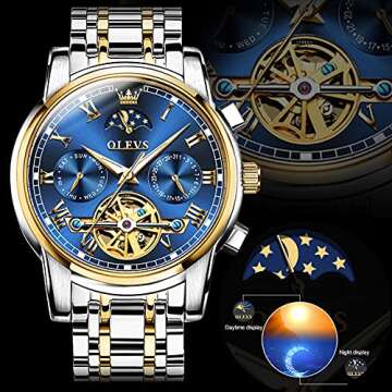 OLEVS Couple Automatic Watches for Men and Women His and Hers Watch Set Gifts Mechanical Self-Winding Tourbillon Big Face Dress Wrist Watch with Day Date Calendar Blue