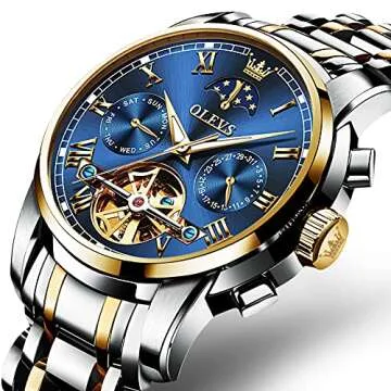 OLEVS Couple Automatic Watches for Men and Women His and Hers Watch Set Gifts Mechanical Self-Winding Tourbillon Big Face Dress Wrist Watch with Day Date Calendar Blue