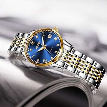 OLEVS Couple Automatic Watches for Men and Women His and Hers Watch Set Gifts Mechanical Self-Winding Tourbillon Big Face Dress Wrist Watch with Day Date Calendar Blue