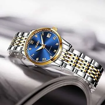 OLEVS Couple Automatic Watches for Men and Women His and Hers Watch Set Gifts Mechanical Self-Winding Tourbillon Big Face Dress Wrist Watch with Day Date Calendar Blue