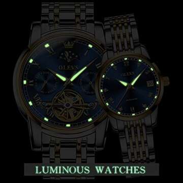 OLEVS Couple Automatic Watches for Men and Women His and Hers Watch Set Gifts Mechanical Self-Winding Tourbillon Big Face Dress Wrist Watch with Day Date Calendar Blue