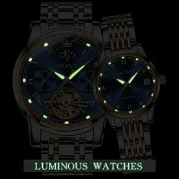 OLEVS Couple Automatic Watches for Men and Women His and Hers Watch Set Gifts Mechanical Self-Winding Tourbillon Big Face Dress Wrist Watch with Day Date Calendar Blue