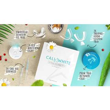 Cali White Vegan Teeth Whitening Kit, Zero Peroxide, Organic Botanical Gel, Sensitive Smiles, Made in USA, All Natural System: 2X Syringes, LED Light, Comfort Fit Tray, Case, 2X Custom Trays