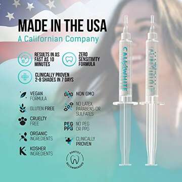 Cali White Vegan Teeth Whitening Kit, Zero Peroxide, Organic Botanical Gel, Sensitive Smiles, Made in USA, All Natural System: 2X Syringes, LED Light, Comfort Fit Tray, Case, 2X Custom Trays