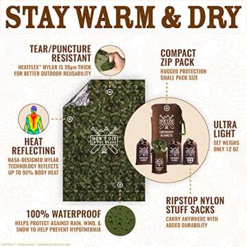 World’s Toughest Emergency Blankets [4-Pack] Extra-Thick Thermal Mylar Foil Space Blanket | Waterp...