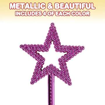 ArtCreativity Metallic Star Princess Magic Wand for Kids - Pack of 12 - Fairy Wand in 3 Vibrant Colors, Princess Party Birthday Favors, Costume Accessories for Boys and Girls, 14 Inch