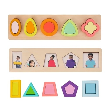 Adena Montessori Colorful Multiple 10 Pieces Shape Puzzles for Toddlers - Geometric Jumbo Wooden Puz...
