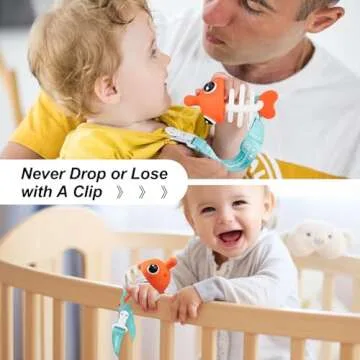 Mombella Clownfish Baby Teether Toys, Teething Toys for Babies 0 3 6 12 Months with Clip, Safe Soft Silicone Infant Teethers Toy 4-9 Months Old Soothing Sucking n Chew on Needs, Fun Gift for Newborn